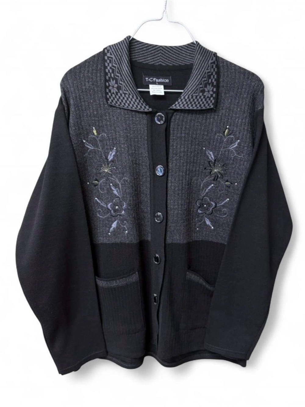 Vintage‎ T-C Fashion Button Down Ribbed Floral Embroidered Cardigan Large Black